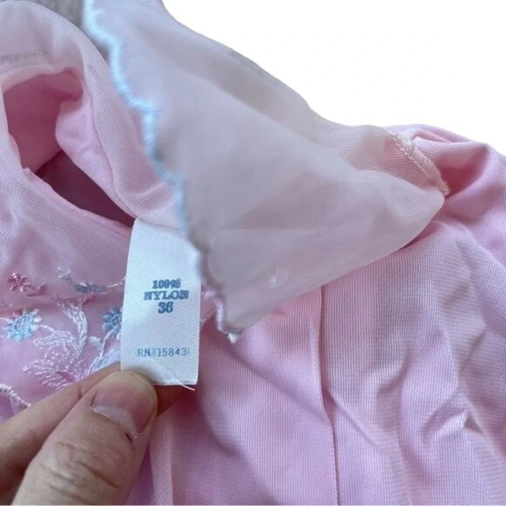 Vintage 60s Blouse Sleep Shirt Blush Pink Nylon Semi Sheer Top Floral Hems Sz 36 - Picture 7 of 11